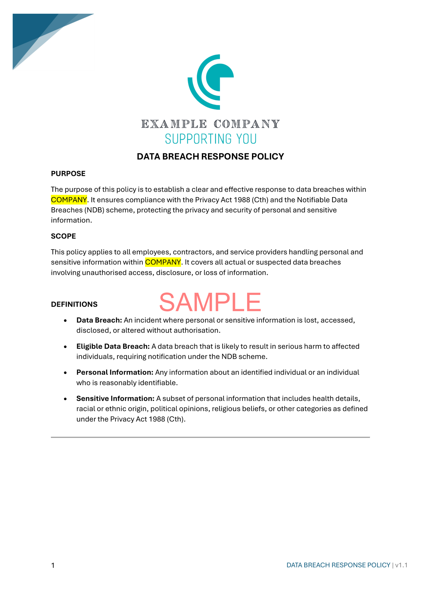Data Breach Response Policy - NDIS compliance document for Independent Support Workers and Providers.
