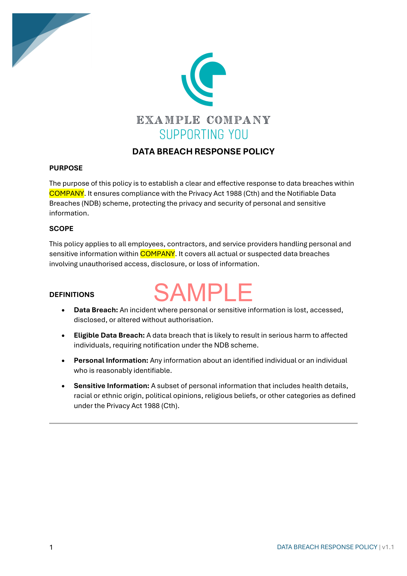 Data Breach Response Policy - NDIS compliance document for Independent Support Workers and Providers.