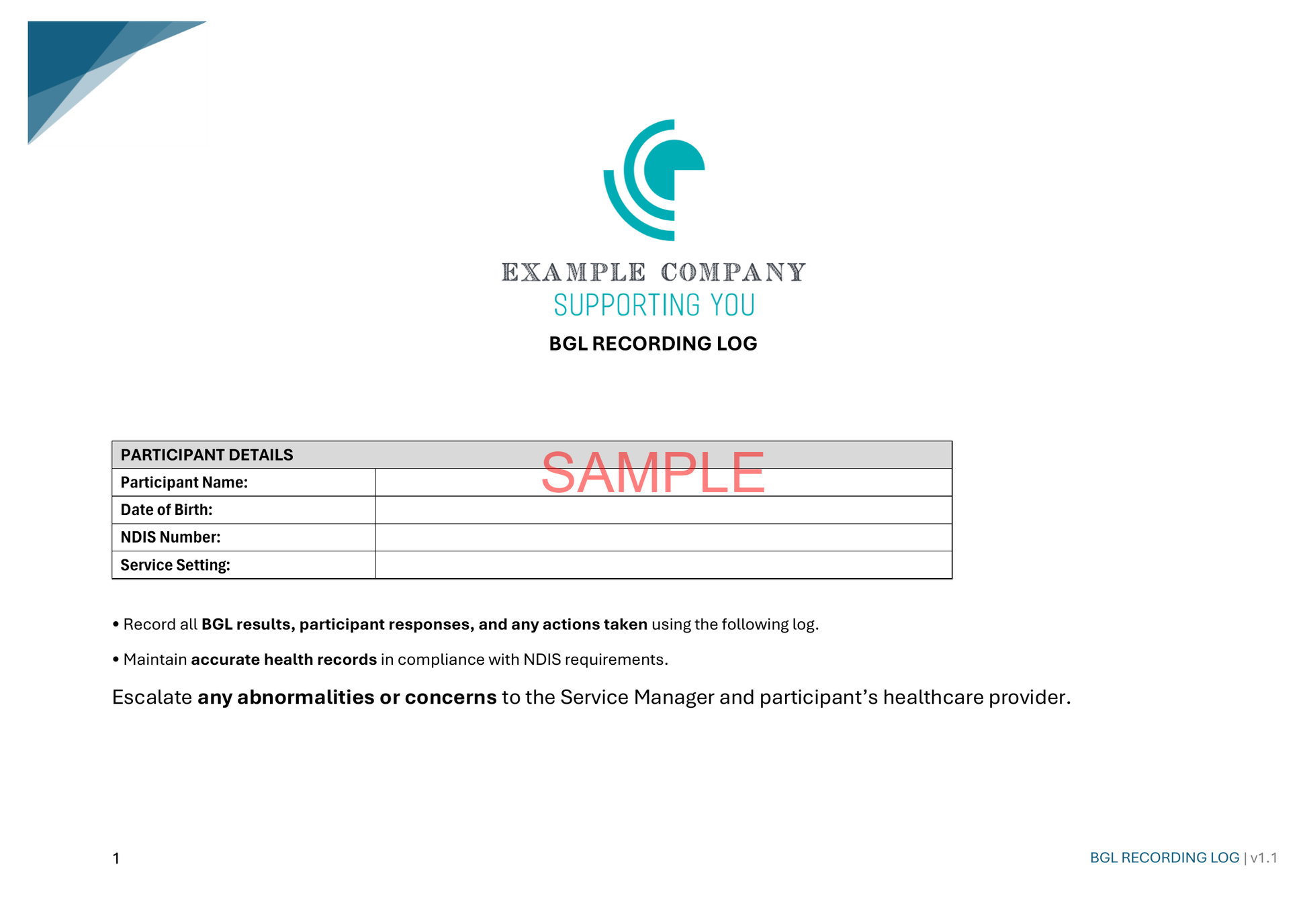 Diabetes - BGL Recording Log - NDIS compliance document for Independent Support Workers and Providers.