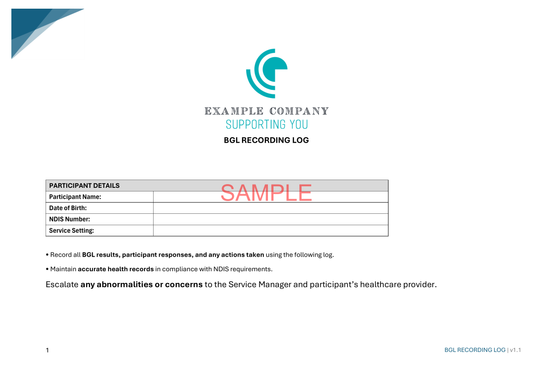 Diabetes - BGL Recording Log - NDIS compliance document for Independent Support Workers and Providers.