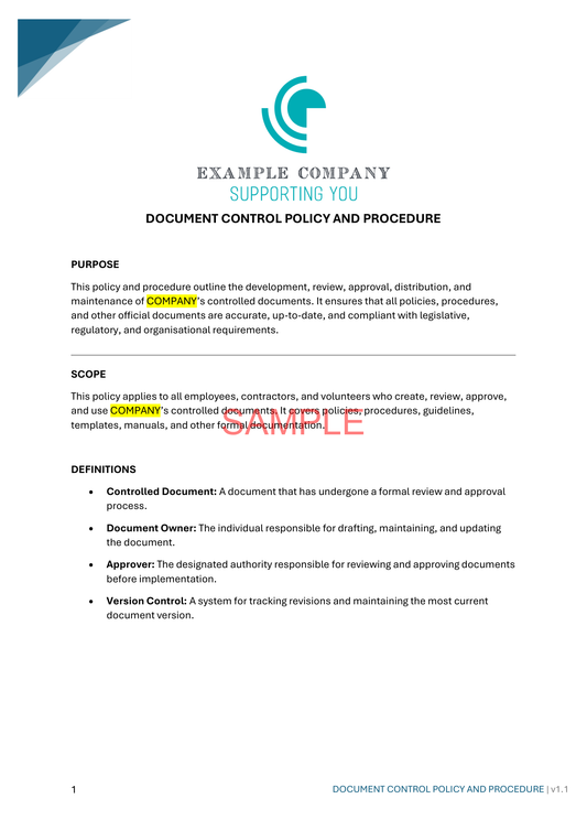 Document Control Policy and Procedure - NDIS compliance document for Independent Support Workers and Providers.