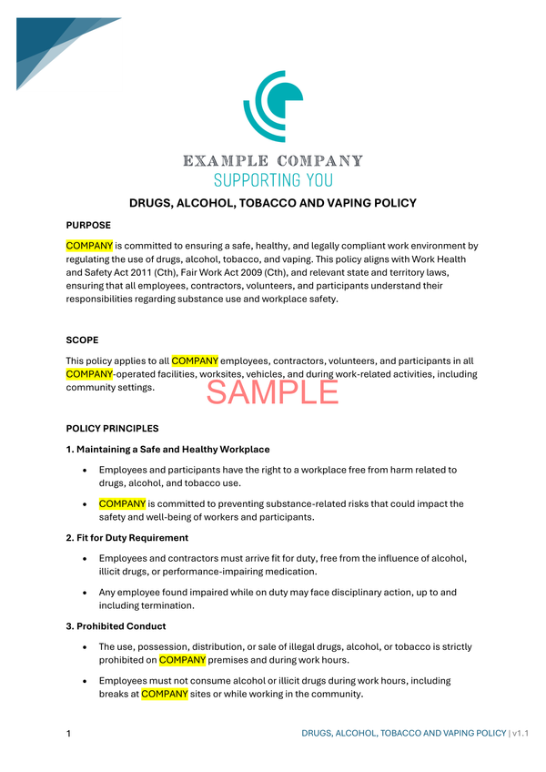 Drugs, Alcohol, Tobacco and Vaping Policy - NDIS compliance document for Independent Support Workers and Providers.