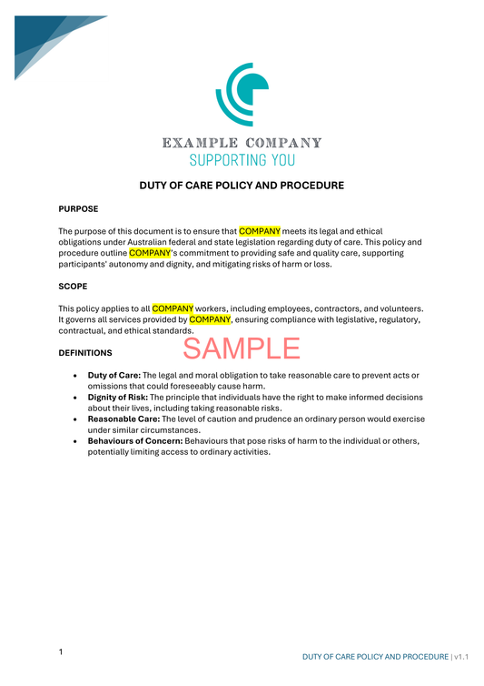 Duty of Care Policy and Procedure - ISW - NDIS compliance document for Independent Support Workers and Providers.