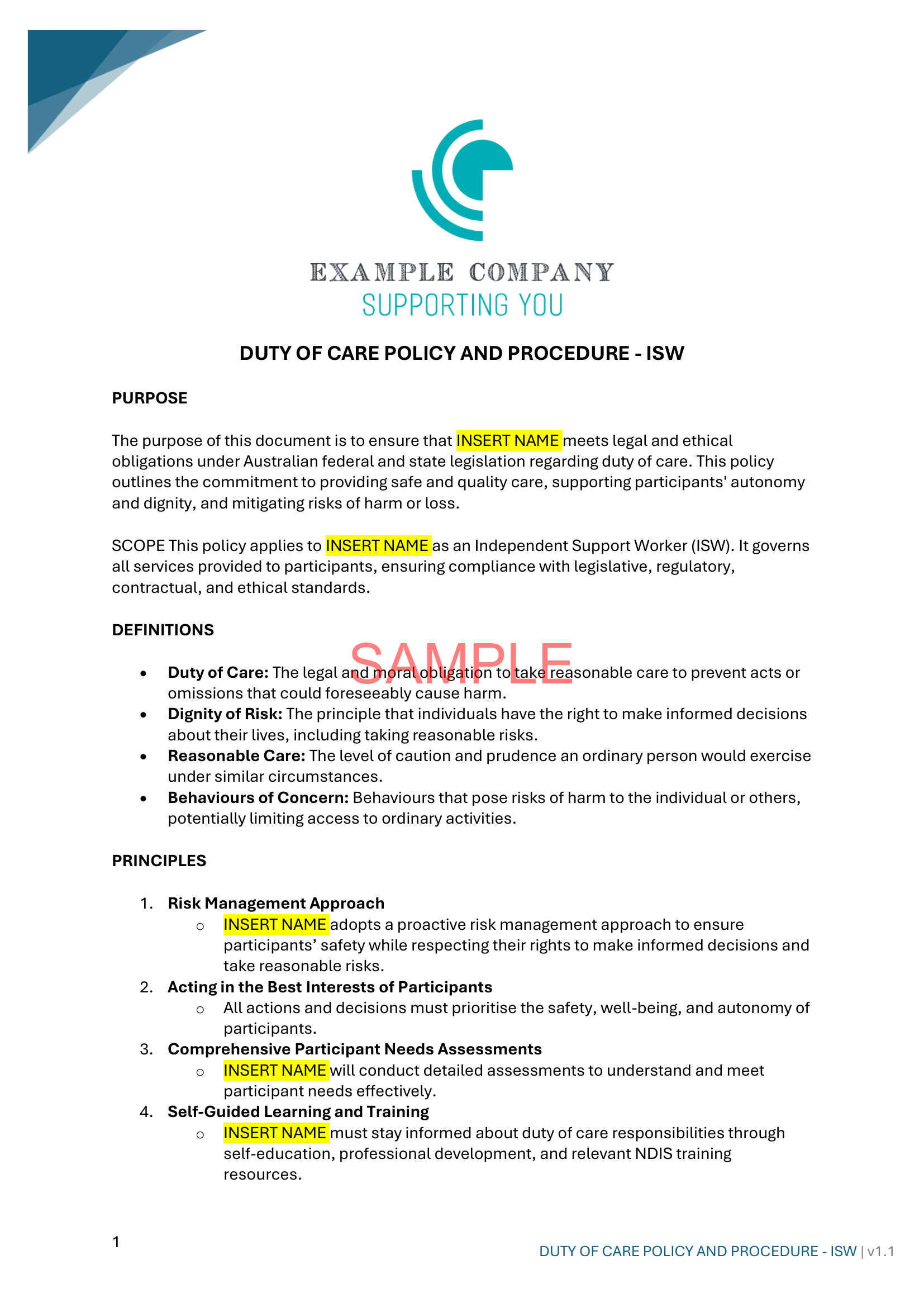 Duty of Care Policy and Procedure - NDIS compliance document for Independent Support Workers and Providers.