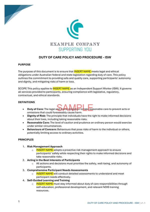 Duty of Care Policy and Procedure - NDIS compliance document for Independent Support Workers and Providers.