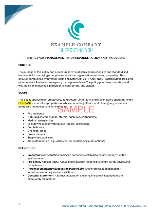 Emergency Management Response Policy and Procedure - NDIS compliance document for Independent Support Workers and Providers.