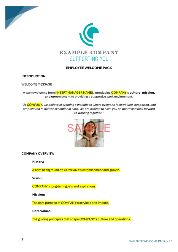 Employee Welcome Pack Template - NDIS compliance document for Independent Support Workers and Providers.