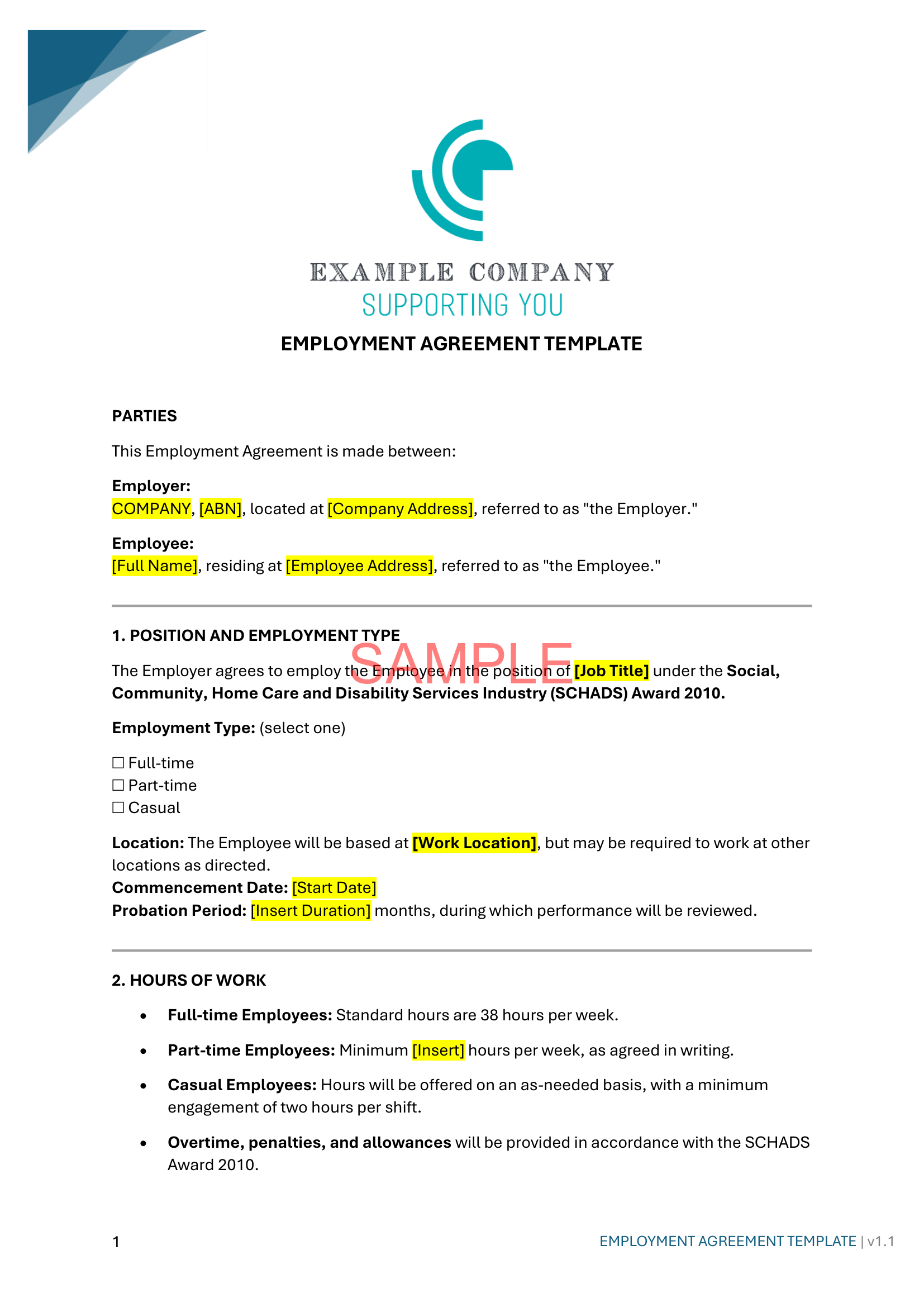 Employment Agreement Template - NDIS compliance document for Independent Support Workers and Providers.