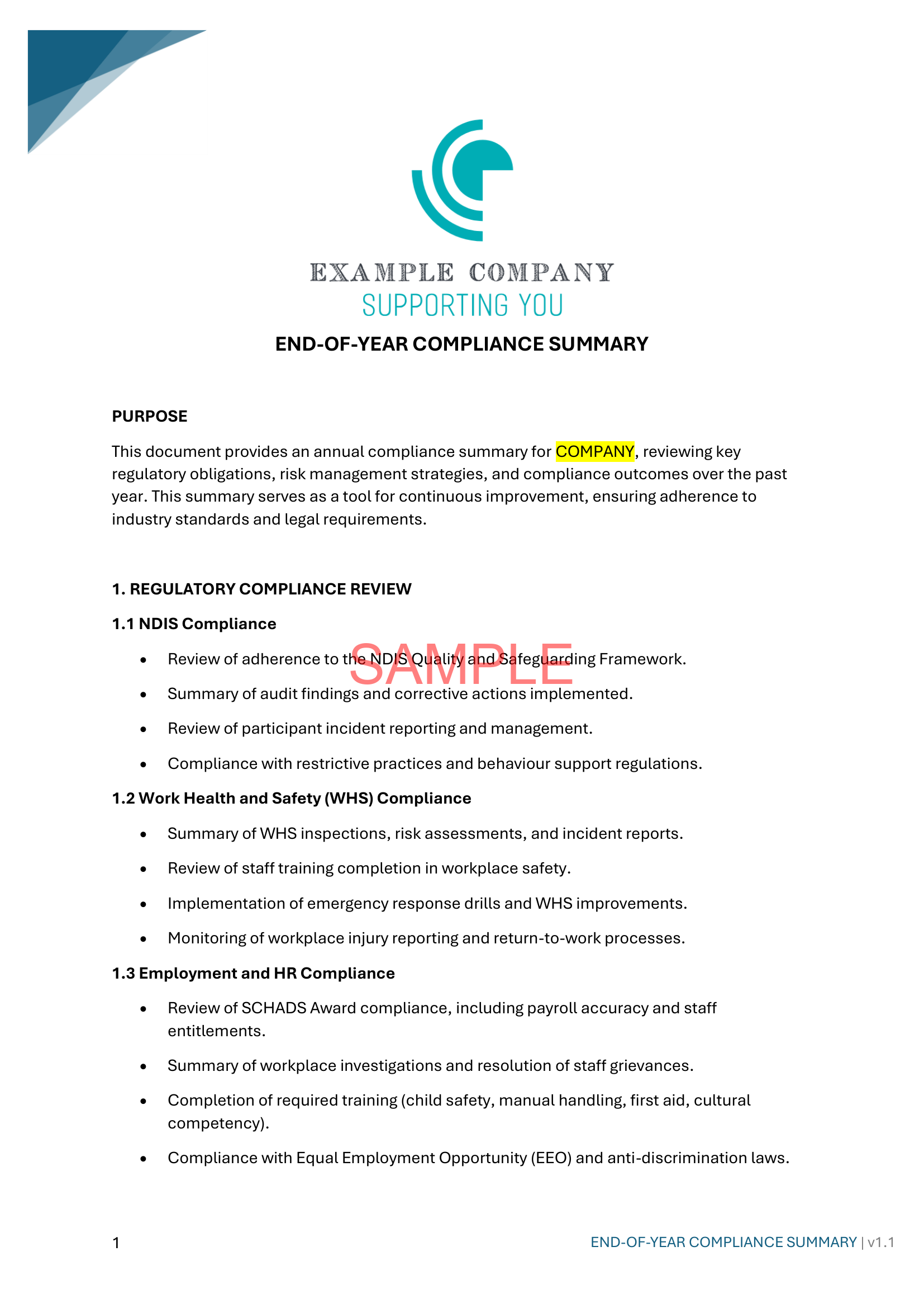 End-of-Year Compliance Summary - NDIS compliance document for Independent Support Workers and Providers.