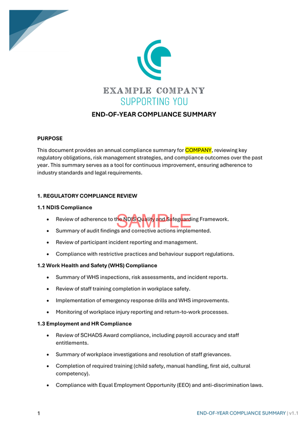 End-of-Year Compliance Summary - NDIS compliance document for Independent Support Workers and Providers.
