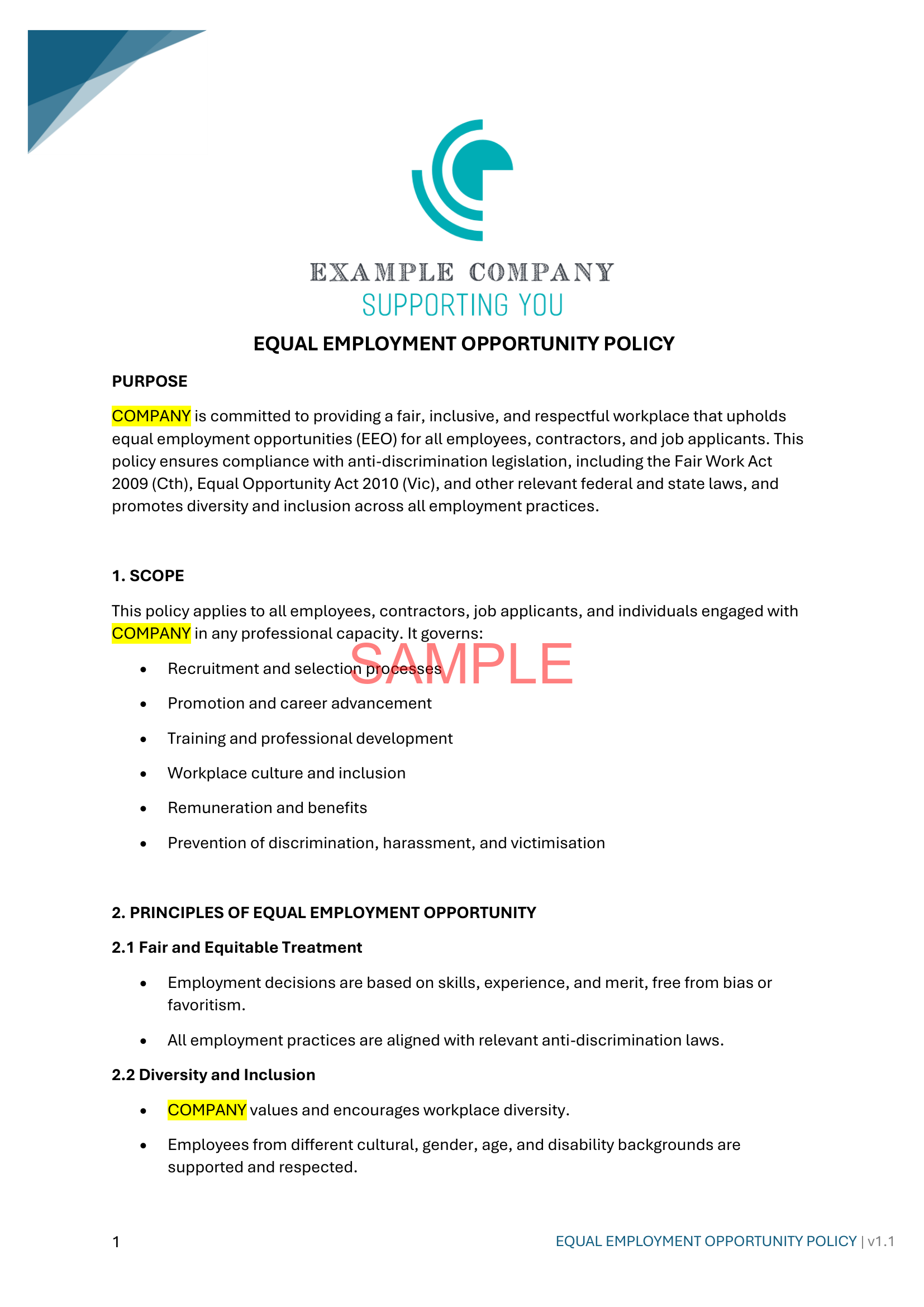 Equal Opportunity Employment Policy - NDIS compliance document for Independent Support Workers and Providers.
