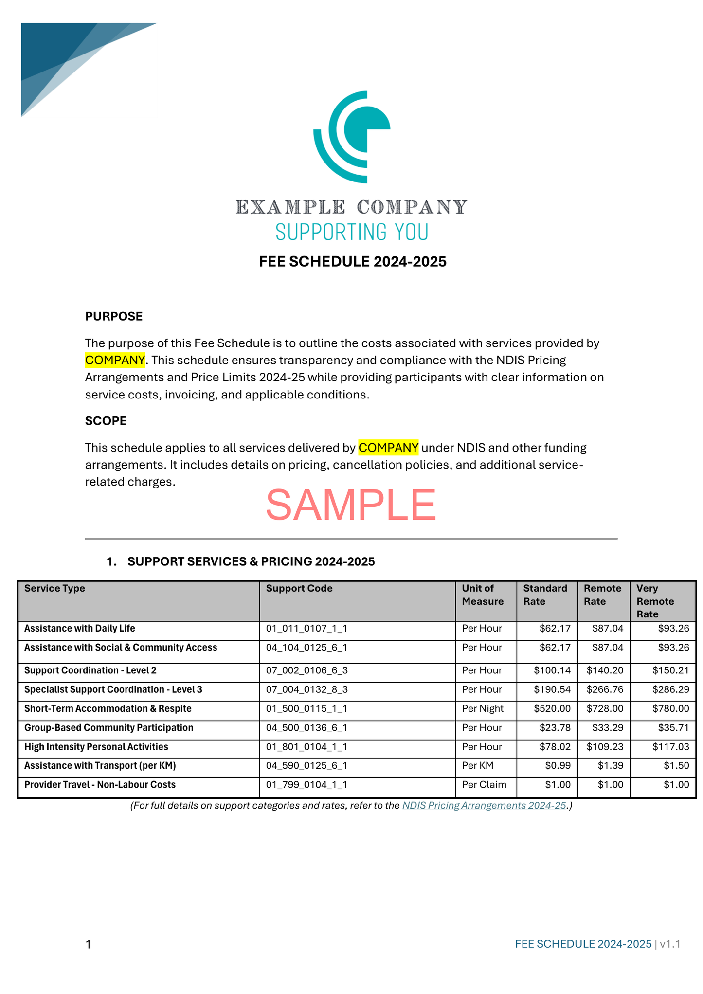 Fee Schedule 2024-2025 - NDIS compliance document for Independent Support Workers and Providers.