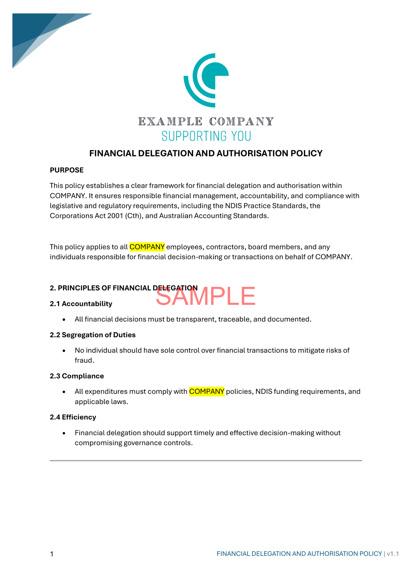 Financial Delegation and Authorisation Policy - NDIS compliance document for Independent Support Workers and Providers.