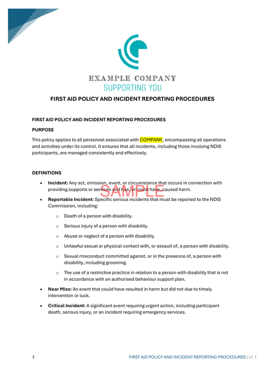 First Aid Policy and Incident Reporting Procedures - NDIS compliance document for Independent Support Workers and Providers.