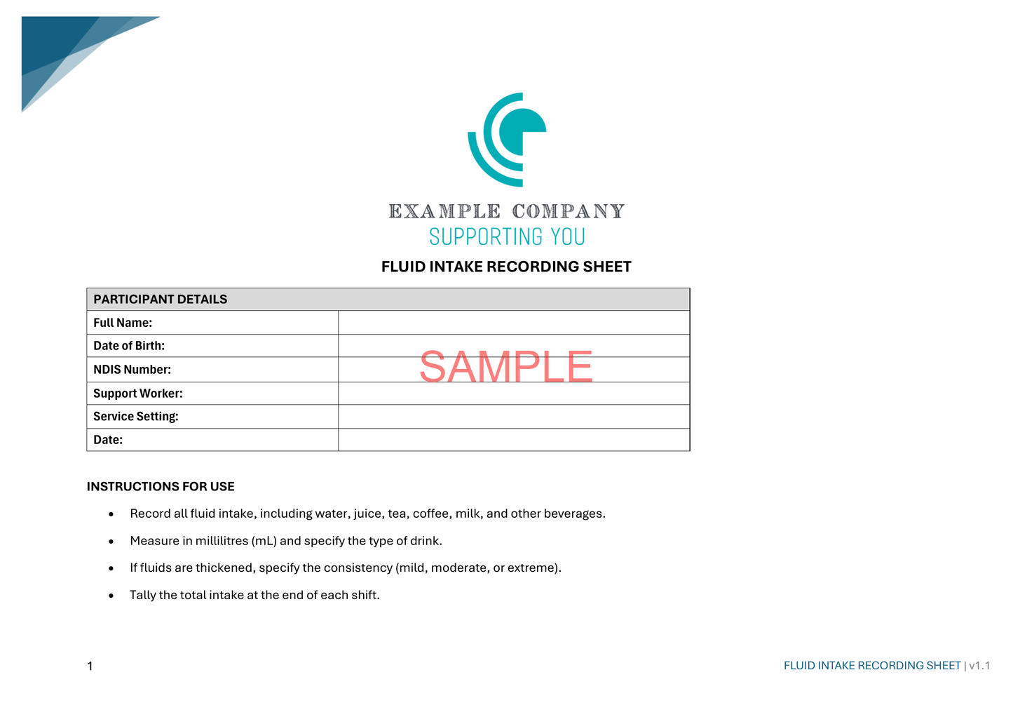 Fluid Intake Recording Sheet - NDIS compliance document for Independent Support Workers and Providers.