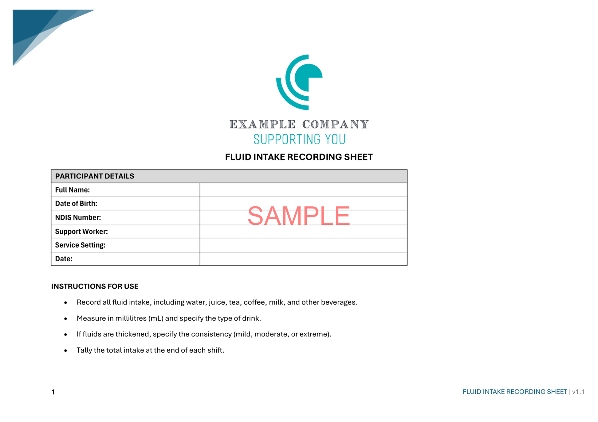 Fluid Intake Recording Sheet - NDIS compliance document for Independent Support Workers and Providers.