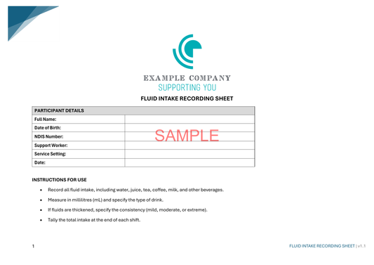 Fluid Intake Recording Sheet - NDIS compliance document for Independent Support Workers and Providers.