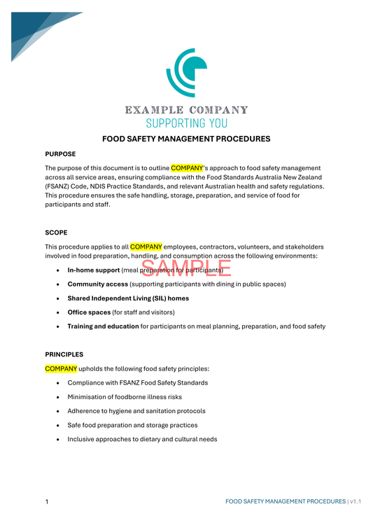 Food Safety Management Procedures - NDIS compliance document for Independent Support Workers and Providers.