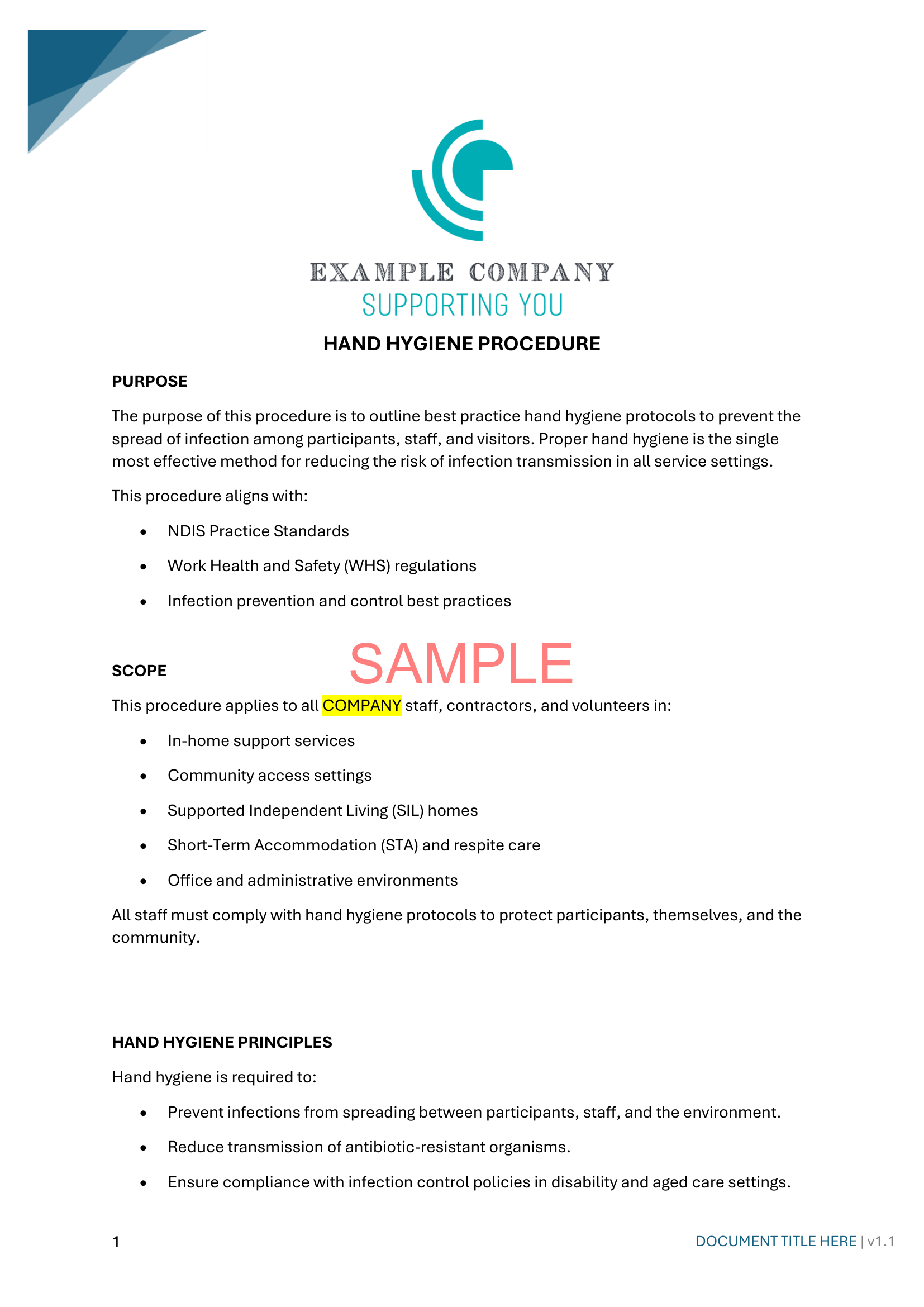 Hand Hygiene Procedure - NDIS compliance document for Independent Support Workers and Providers.