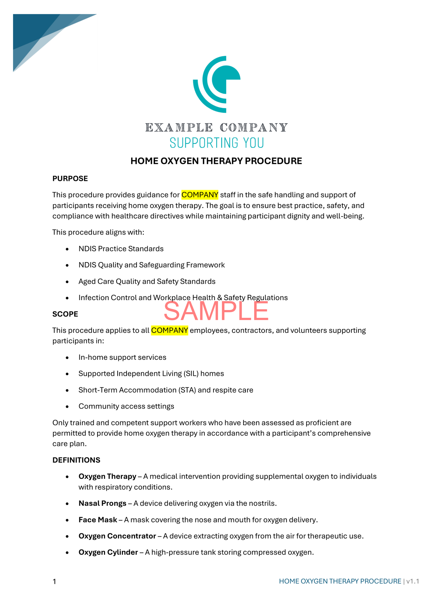 Home Oxygen Therapy Procedure - NDIS compliance document for Independent Support Workers and Providers.
