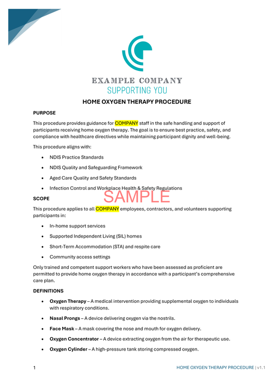 Home Oxygen Therapy Procedure - NDIS compliance document for Independent Support Workers and Providers.