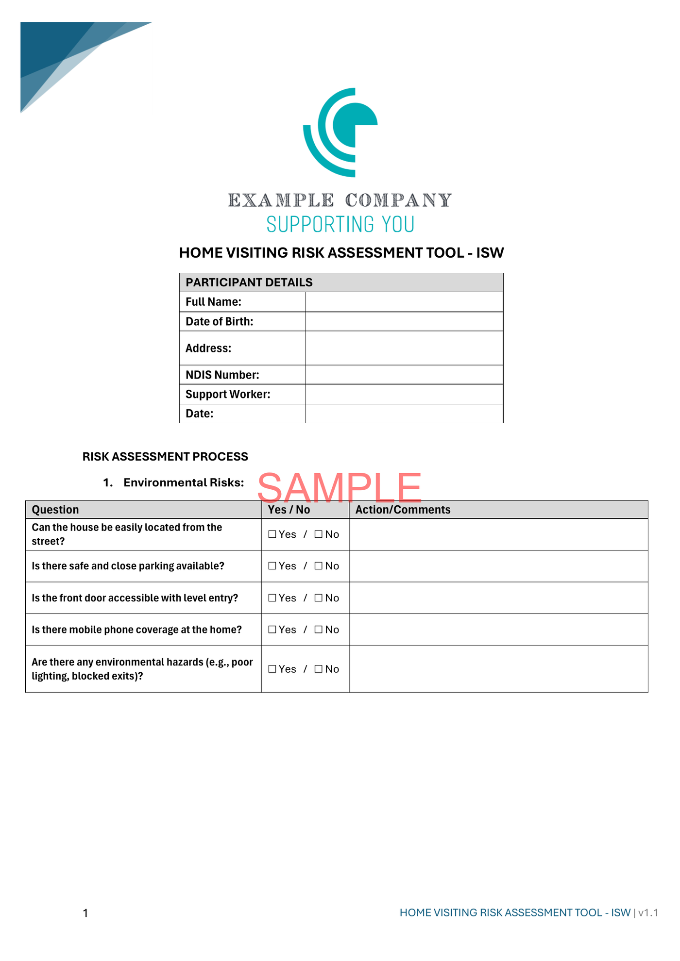 Home Visit Risk Assessment Tool - NDIS compliance document for Independent Support Workers and Providers.