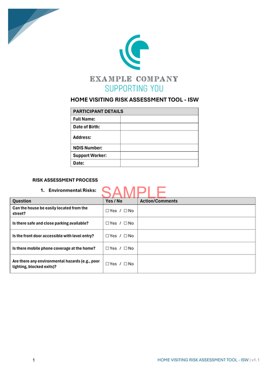 Home Visit Risk Assessment Tool - NDIS compliance document for Independent Support Workers and Providers.