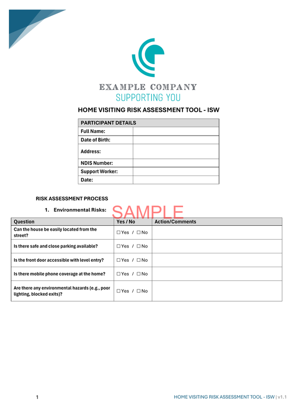 Home Visit Risk Assessment Tool - NDIS compliance document for Independent Support Workers and Providers.