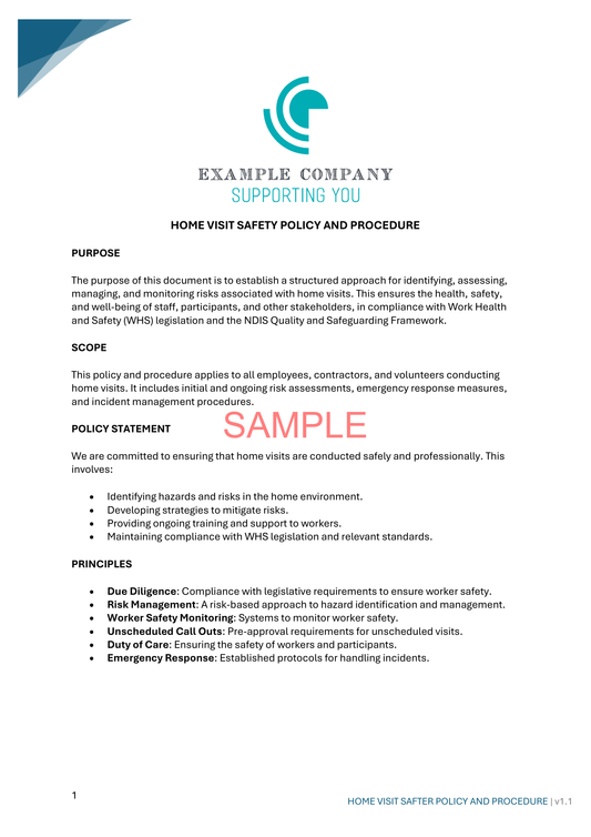 Home Visit Safety Policy and Procedure - NDIS compliance document for Independent Support Workers and Providers.
