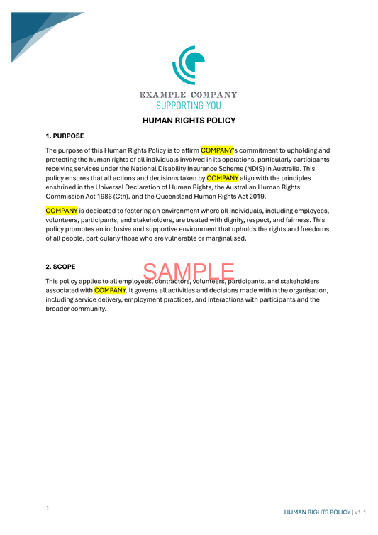 Human Rights Policy - NDIS compliance document for Independent Support Workers and Providers.