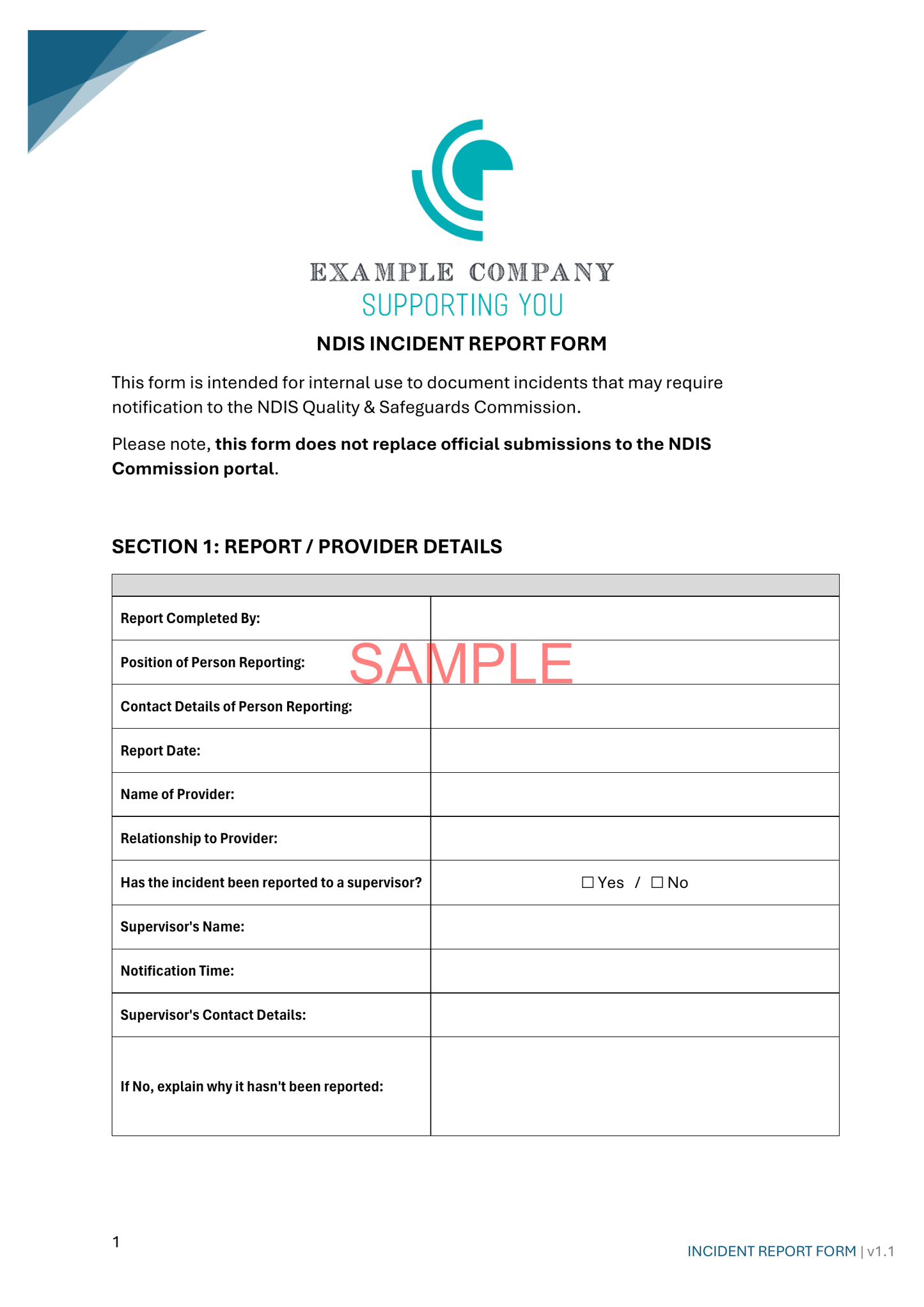Incident Report Form - ISW - NDIS compliance document for Independent Support Workers and Providers.