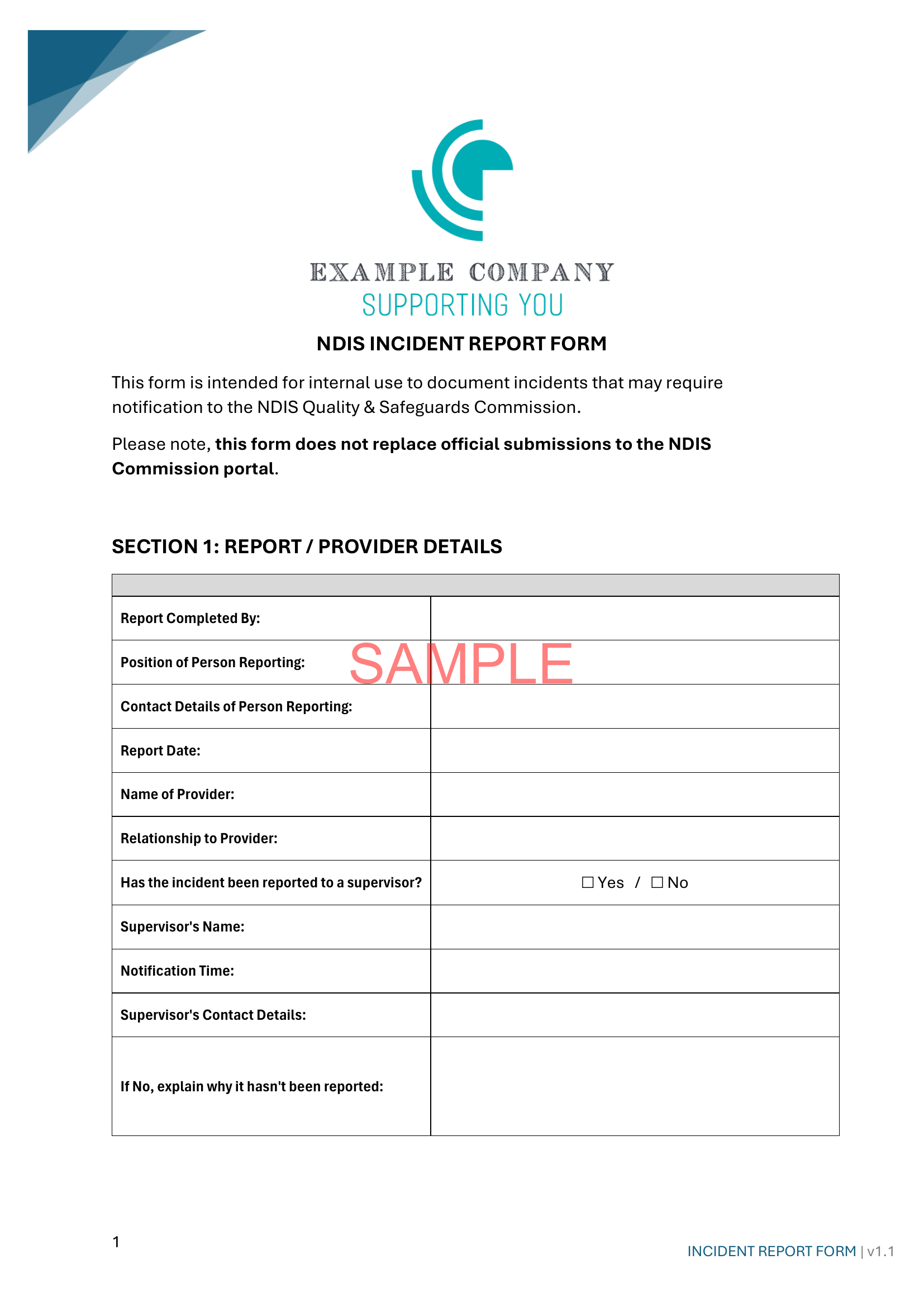 Incident Report Form - ISW - NDIS compliance document for Independent Support Workers and Providers.