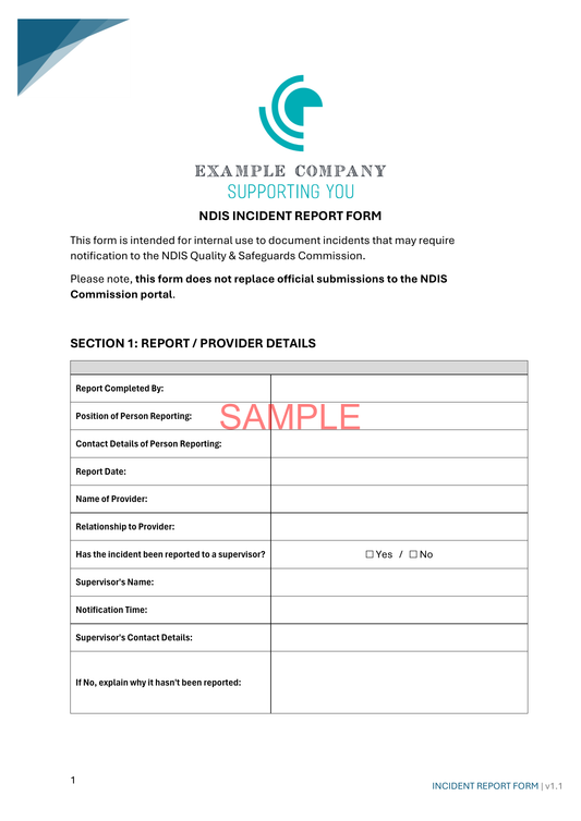 Incident Report Form - ISW - NDIS compliance document for Independent Support Workers and Providers.