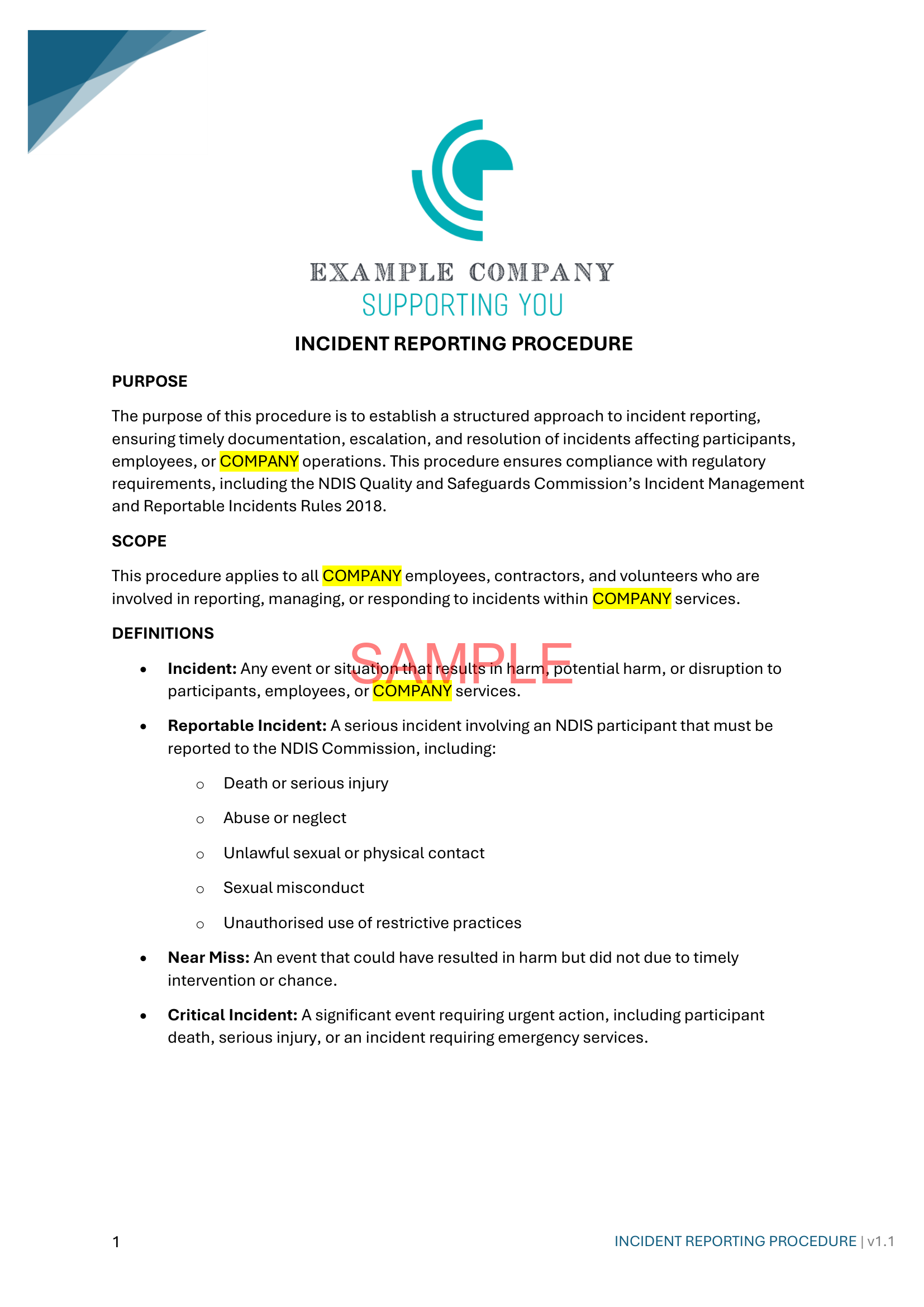 Incident Reporting Procedure - NDIS compliance document for Independent Support Workers and Providers.