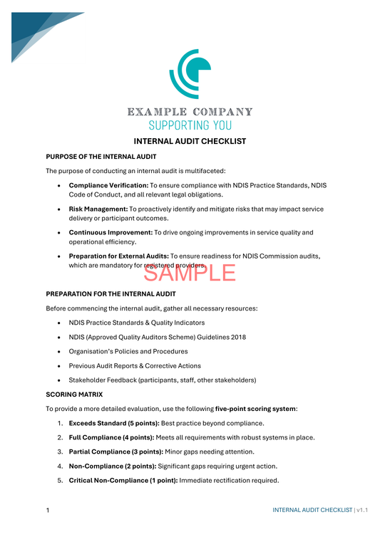 Internal Audit Checklist - NDIS compliance document for Independent Support Workers and Providers.