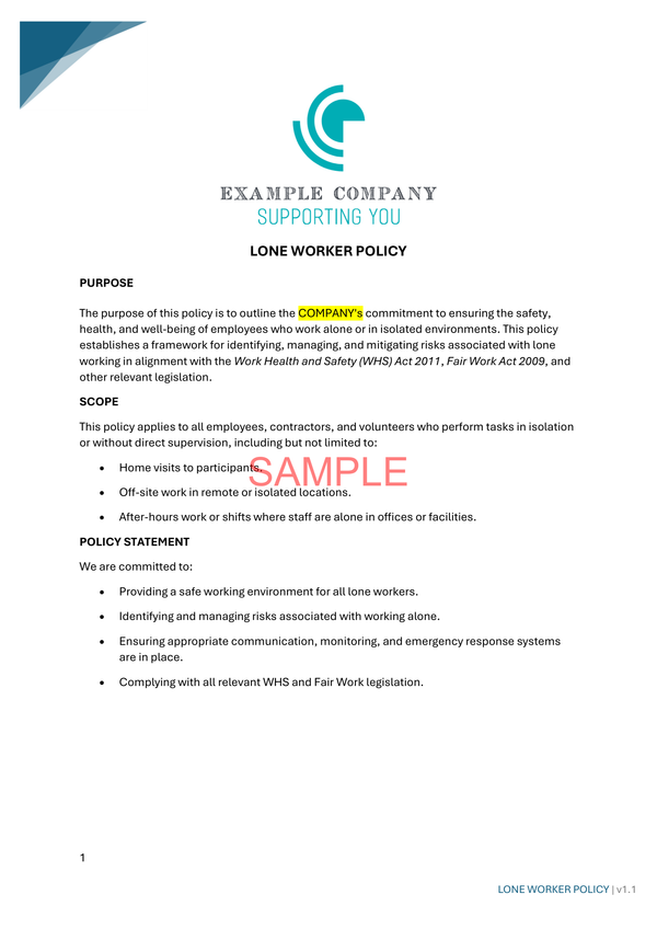 Lone Worker Policy - ISW - NDIS compliance document for Independent Support Workers and Providers.