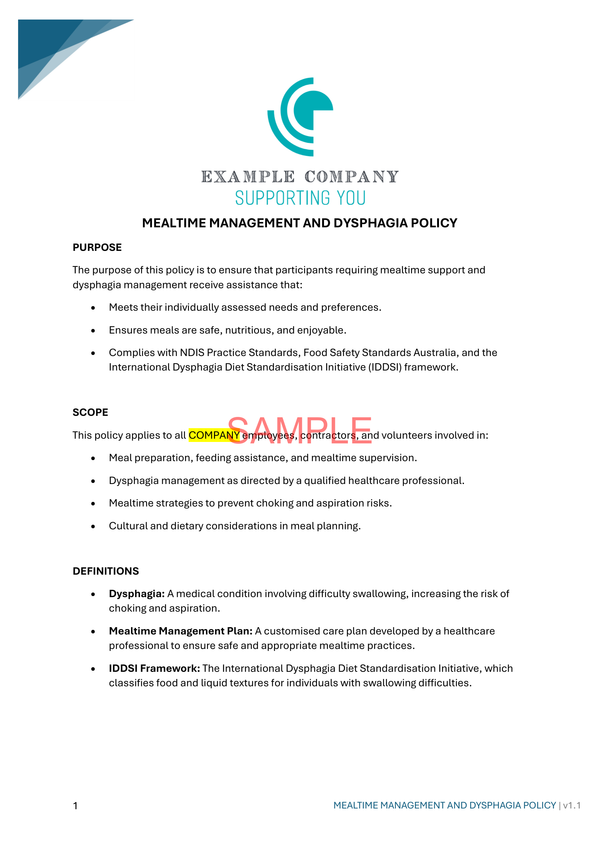 Mealtime Management and Dysphagia Policy - NDIS compliance document for Independent Support Workers and Providers.