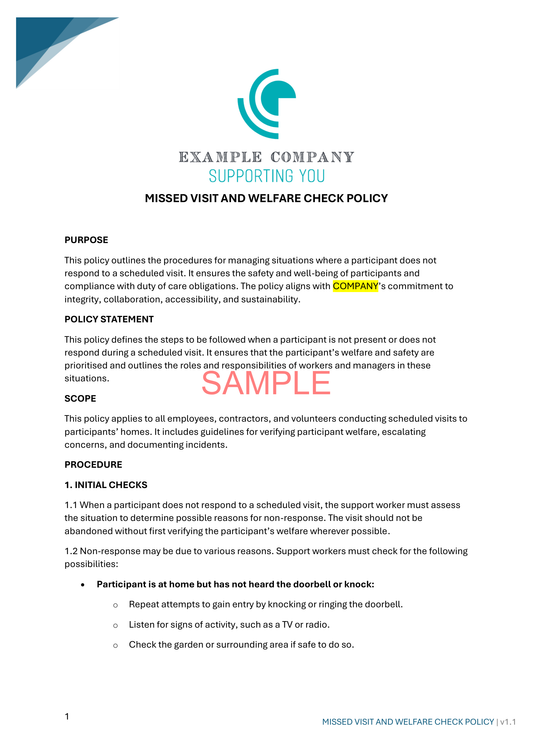 Missed Visit and Welfare Check Policy - NDIS compliance document for Independent Support Workers and Providers.