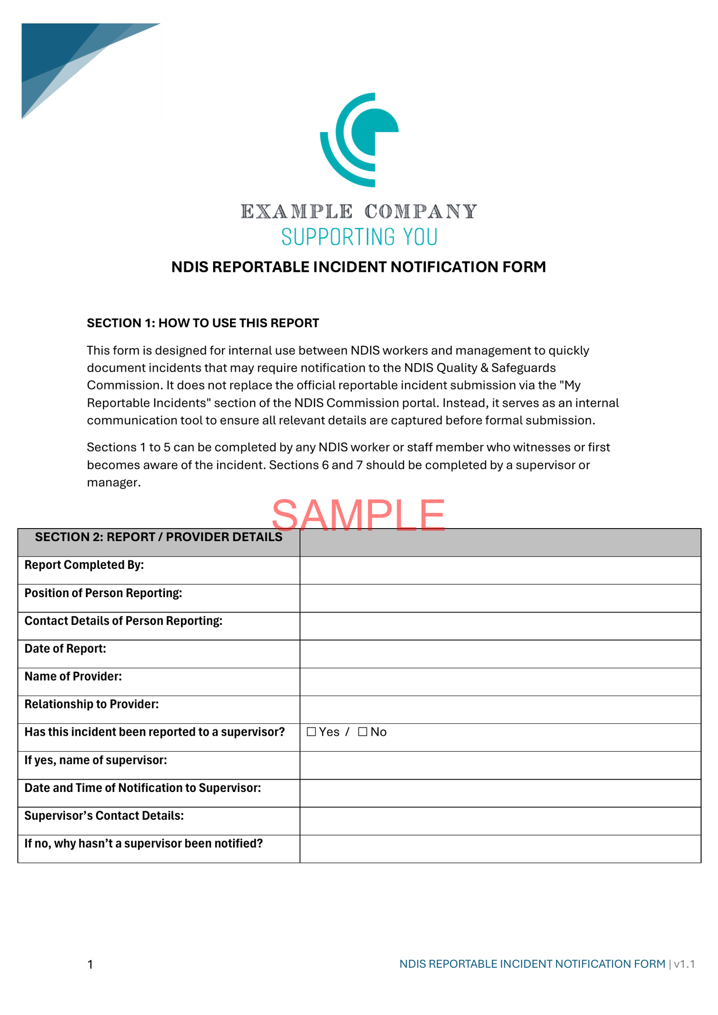 NDIS Reportable Incident Notification Form - NDIS compliance document for Independent Support Workers and Providers.