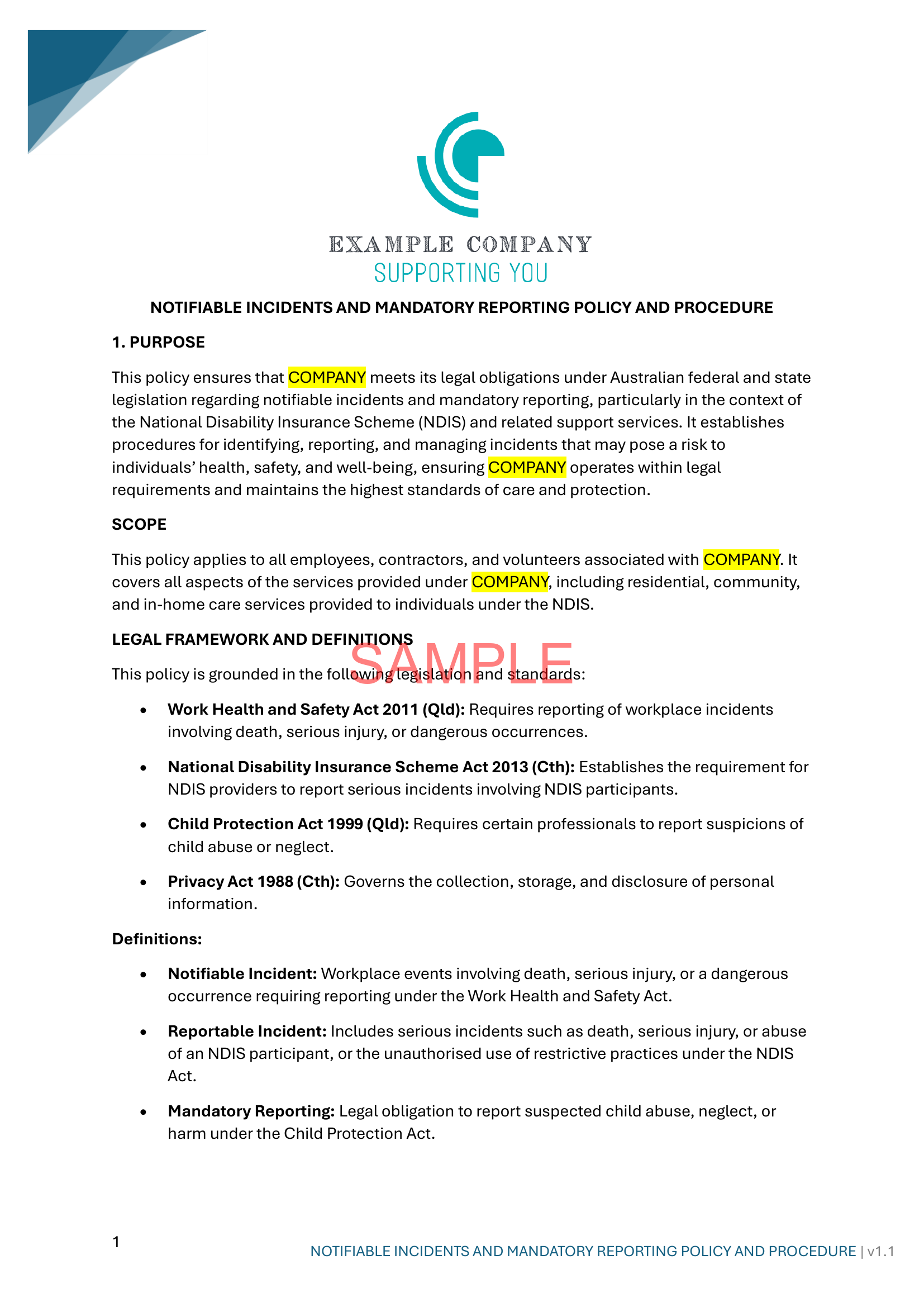 Notifiable Incidents and Mandatory Reporting Policy - ISW - NDIS compliance document for Independent Support Workers and Providers.
