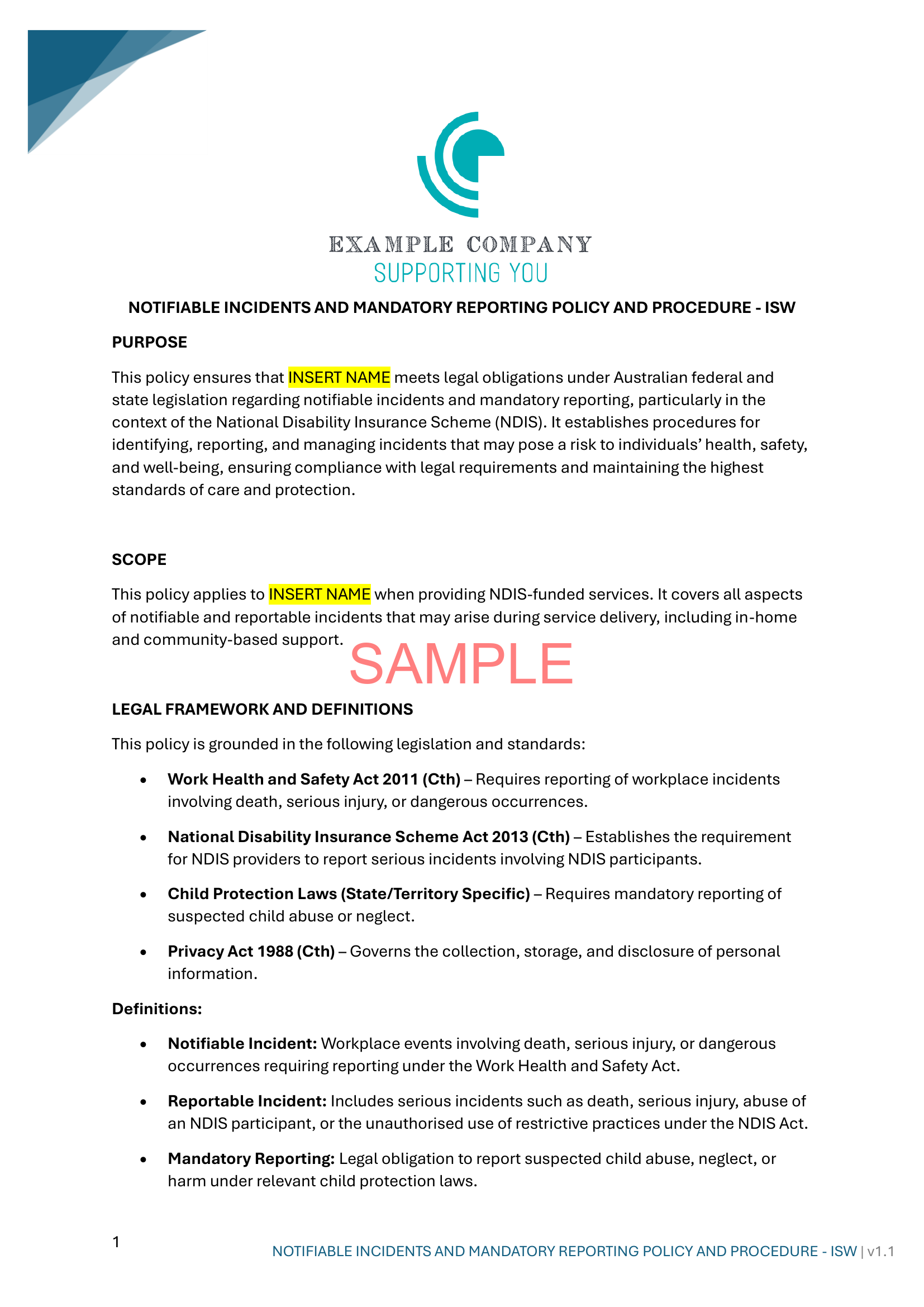 Notifiable Incidents and Mandatory Reporting Policy - NDIS compliance document for Independent Support Workers and Providers.