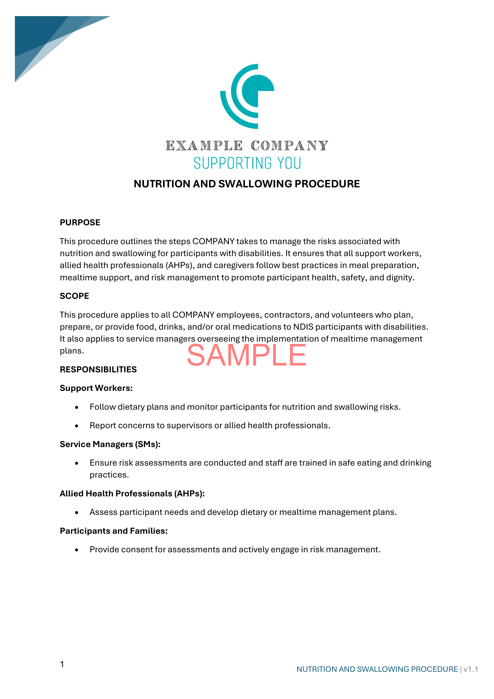 Nutrition and Swallowing Procedure - NDIS compliance document for Independent Support Workers and Providers.