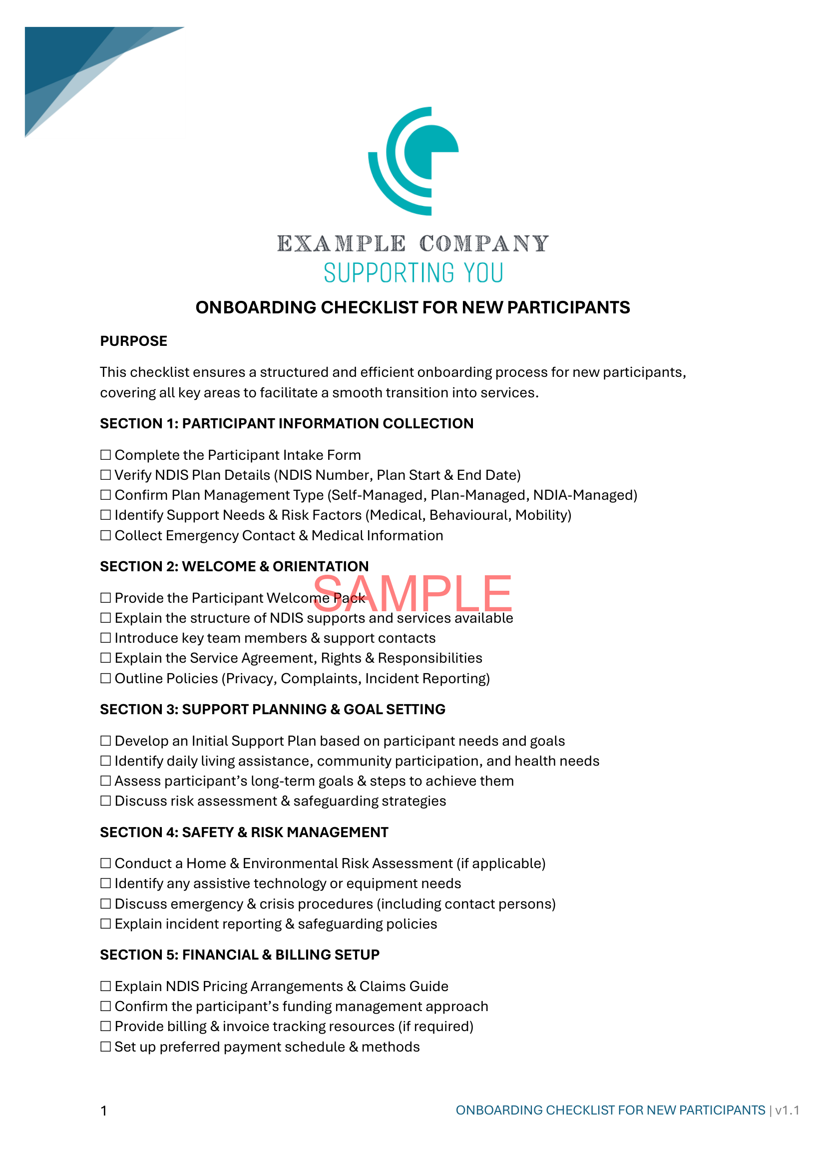 Onboarding Checklist for New Participants - ISW - NDIS compliance document for Independent Support Workers and Providers.