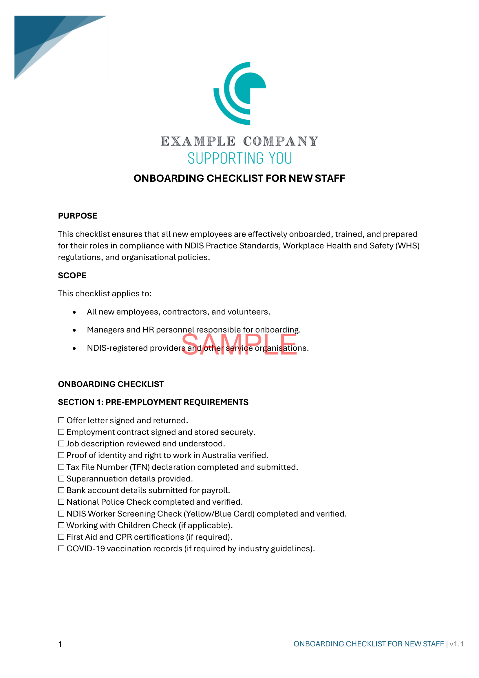Onboarding Checklist for New Staff - NDIS compliance document for Independent Support Workers and Providers.