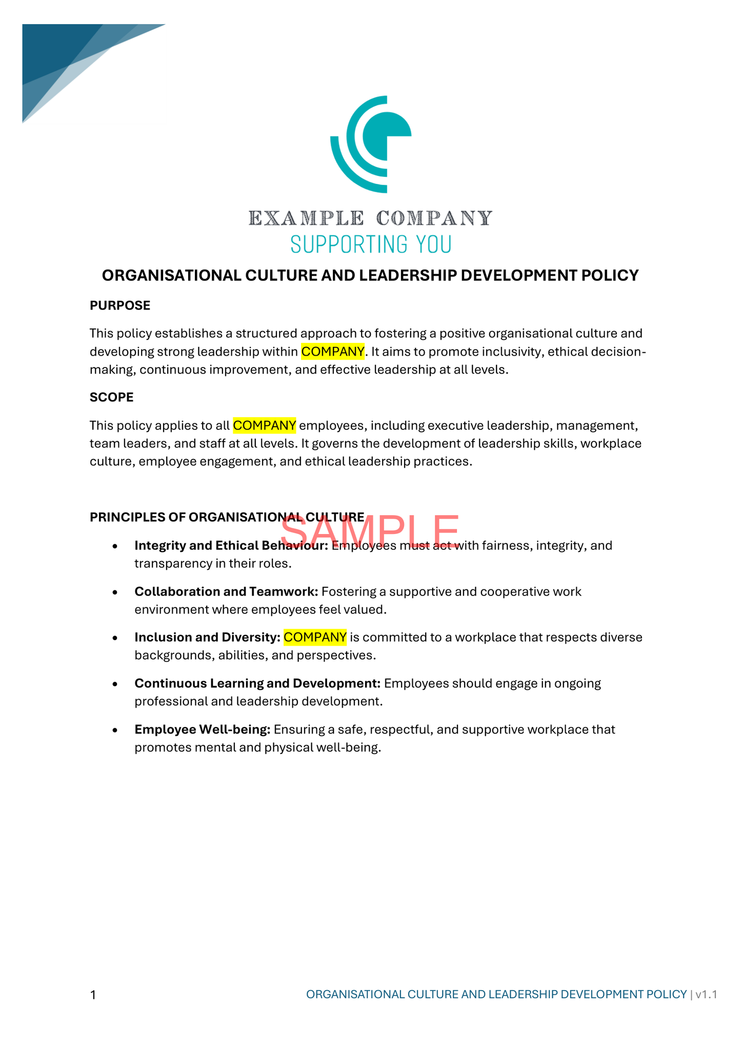 Organisational Culture and Leadership Development Policy - NDIS compliance document for Independent Support Workers and Providers.
