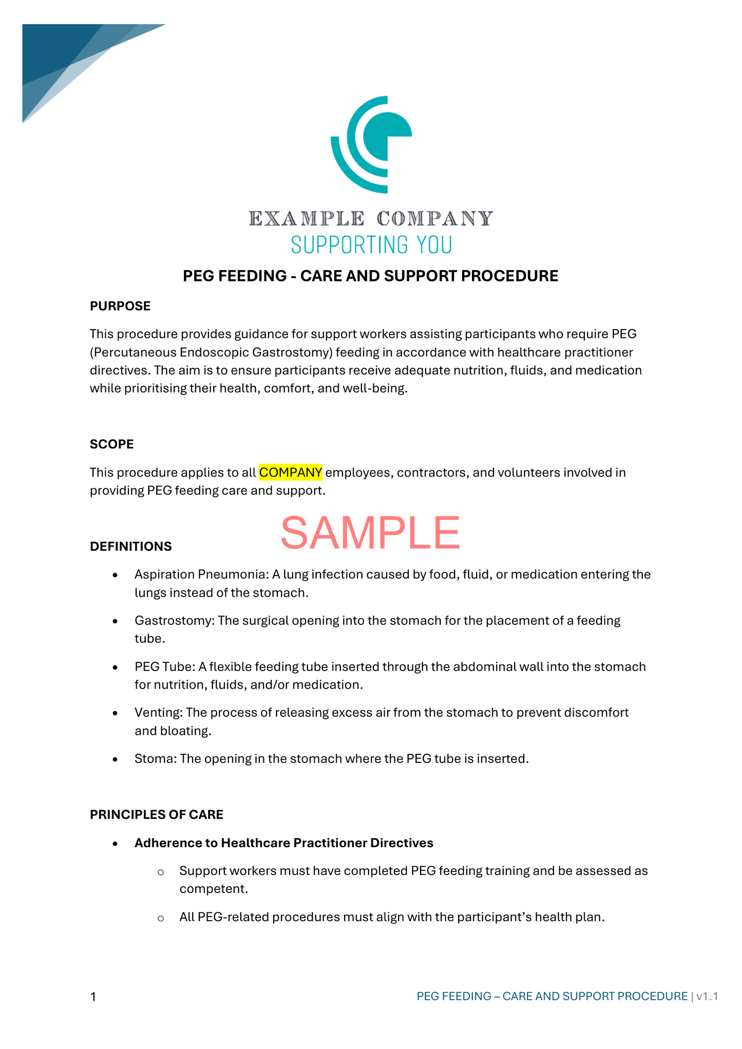 PEG Feeding - Care and Support Procedure - NDIS compliance document for Independent Support Workers and Providers.