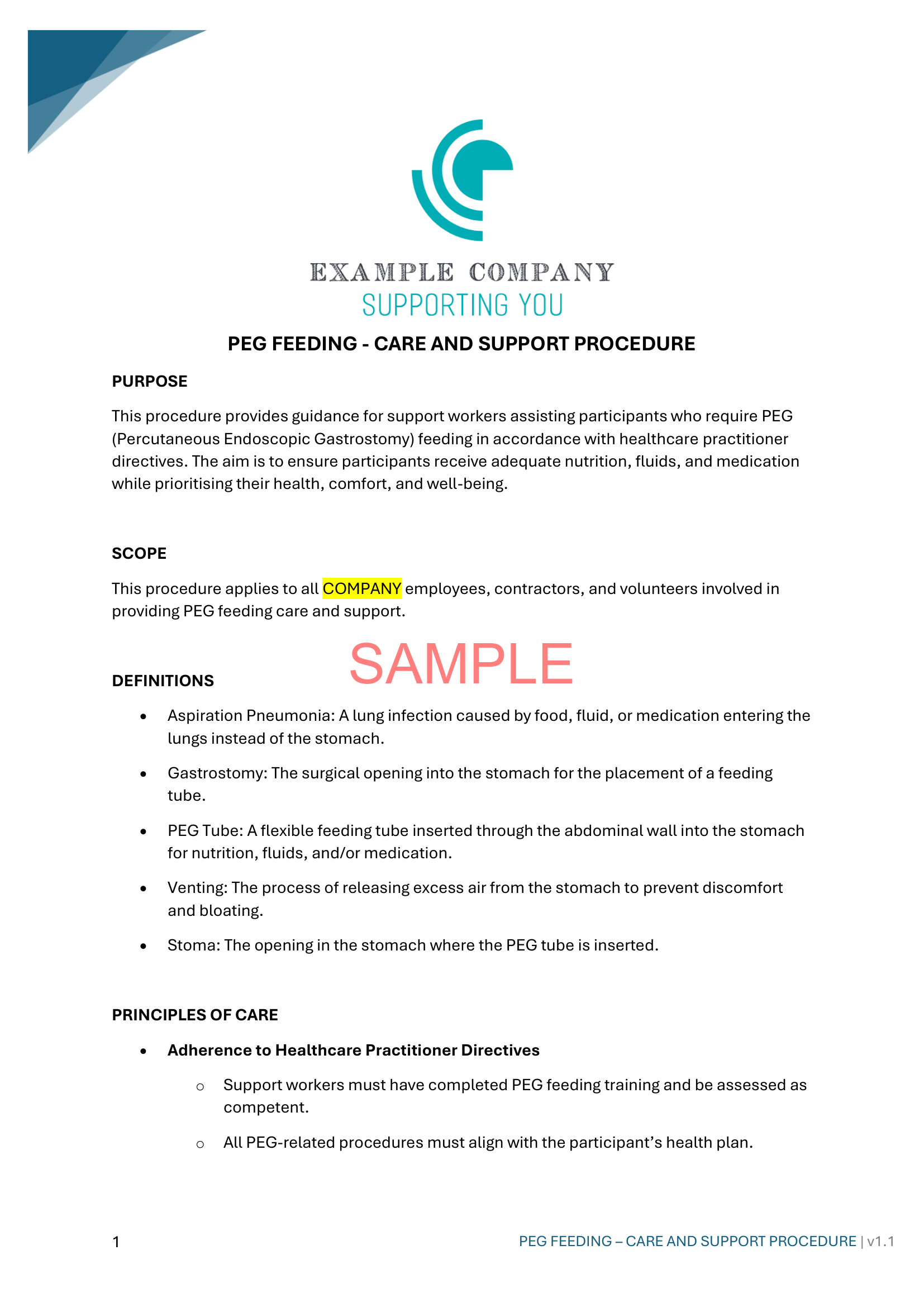 PEG Feeding - Care and Support Procedure - NDIS compliance document for Independent Support Workers and Providers.