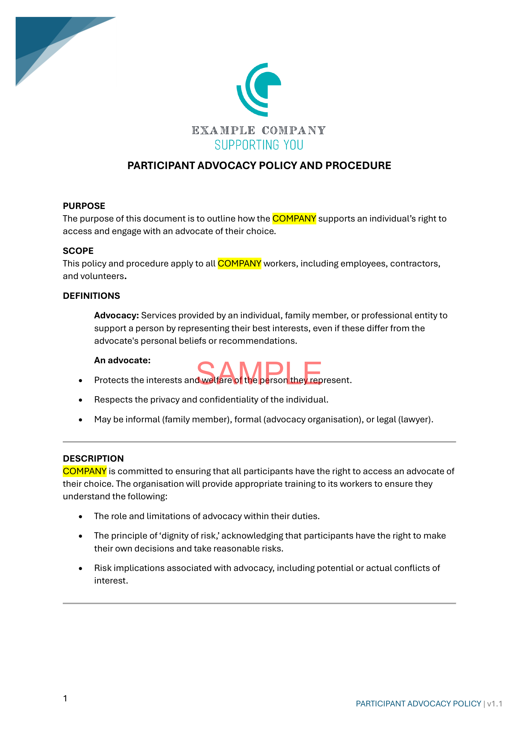 Participant Advocacy Policy - ISW - NDIS compliance document for Independent Support Workers and Providers.