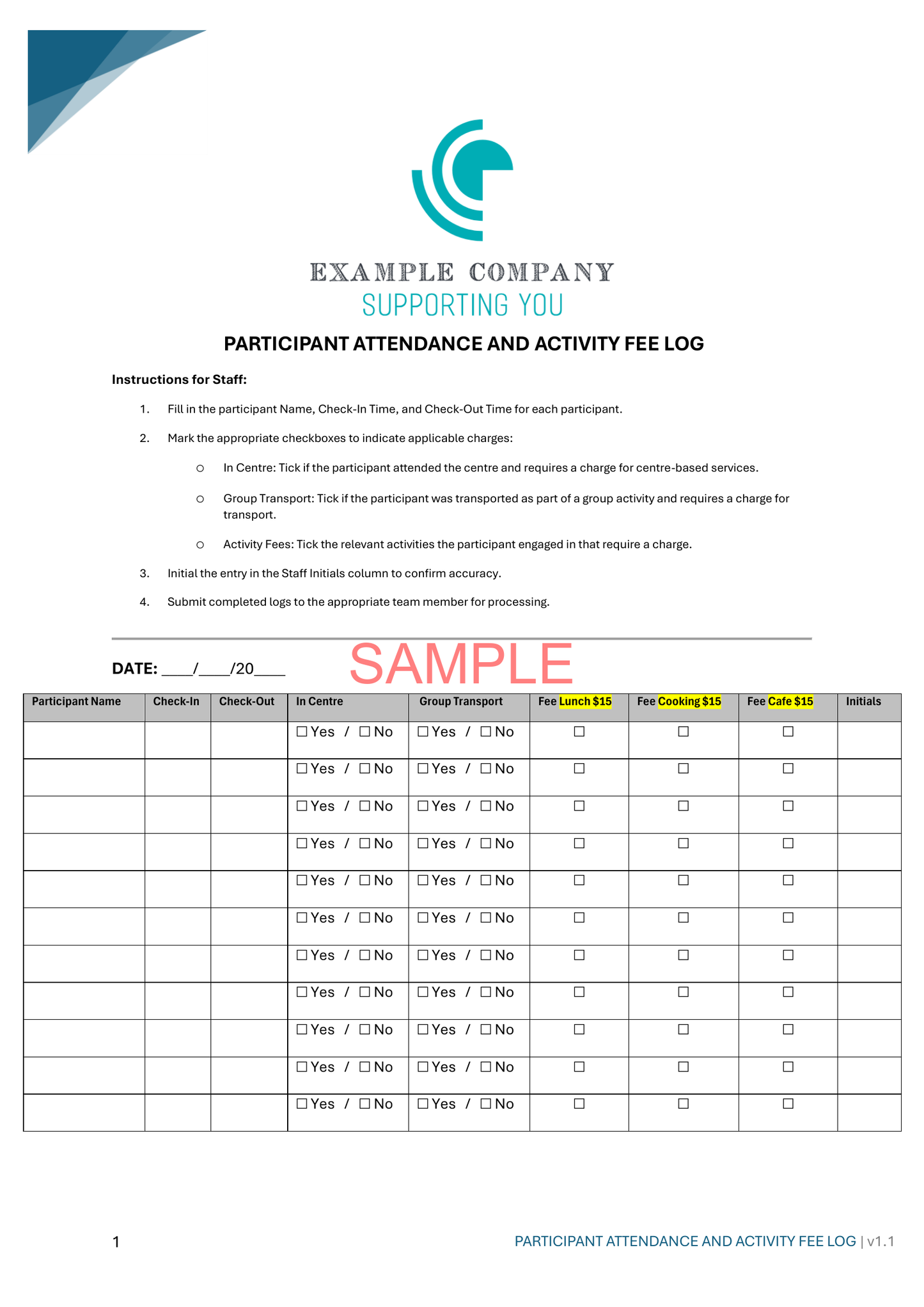 Participant Attendance and Activity Fee Log - NDIS compliance document for Independent Support Workers and Providers.