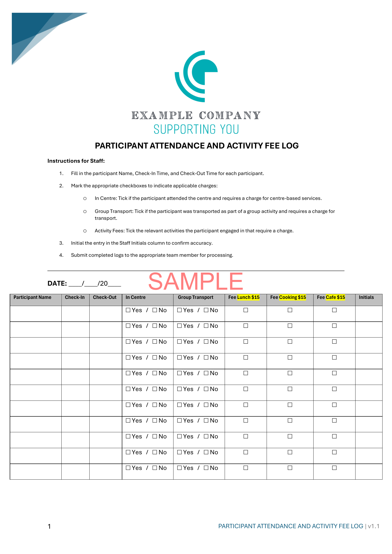 Participant Attendance and Activity Fee Log - NDIS compliance document for Independent Support Workers and Providers.